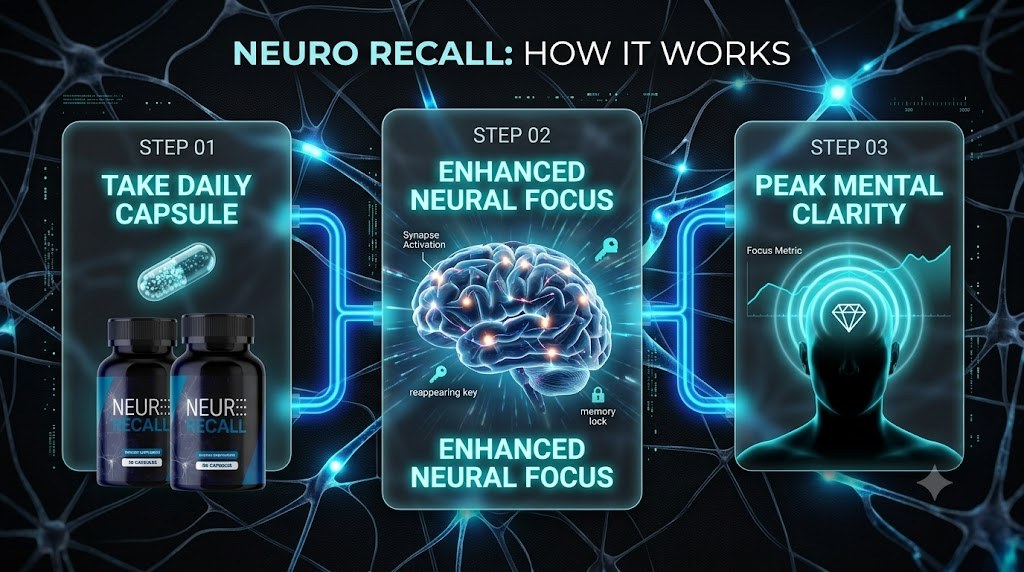 How NeuroRecall works: take daily capsule, enhanced neural focus, peak mental clarity